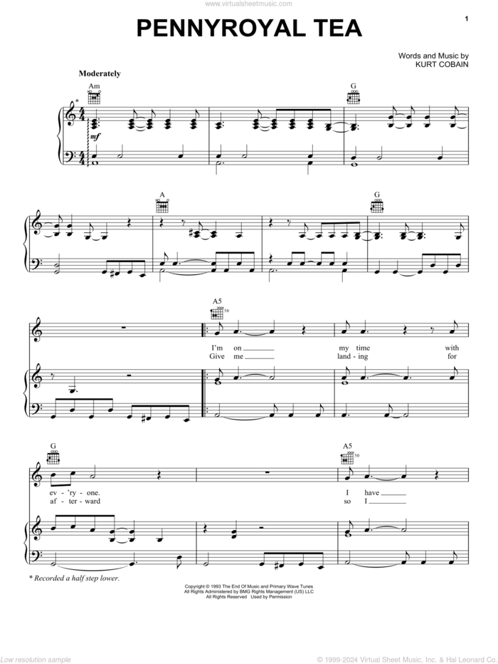 Pennyroyal Tea sheet music for voice, piano or guitar by Nirvana and Kurt Cobain, intermediate skill level