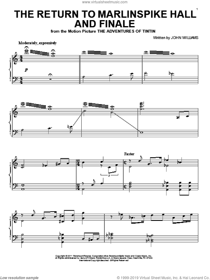 The Return To Marlinspike Hall And Finale sheet music for piano solo by John Williams and The Adventures Of Tintin (Movie), intermediate skill level