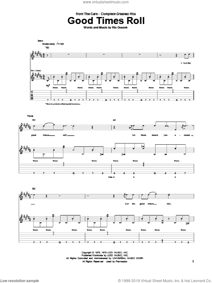 Good Times Roll sheet music for guitar (tablature) by The Cars and Ric Ocasek, intermediate skill level
