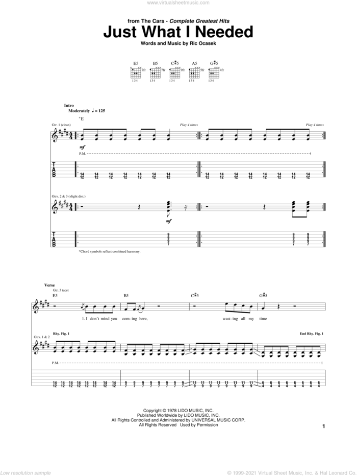 Just What I Needed sheet music for guitar (tablature) by The Cars and Ric Ocasek, intermediate skill level