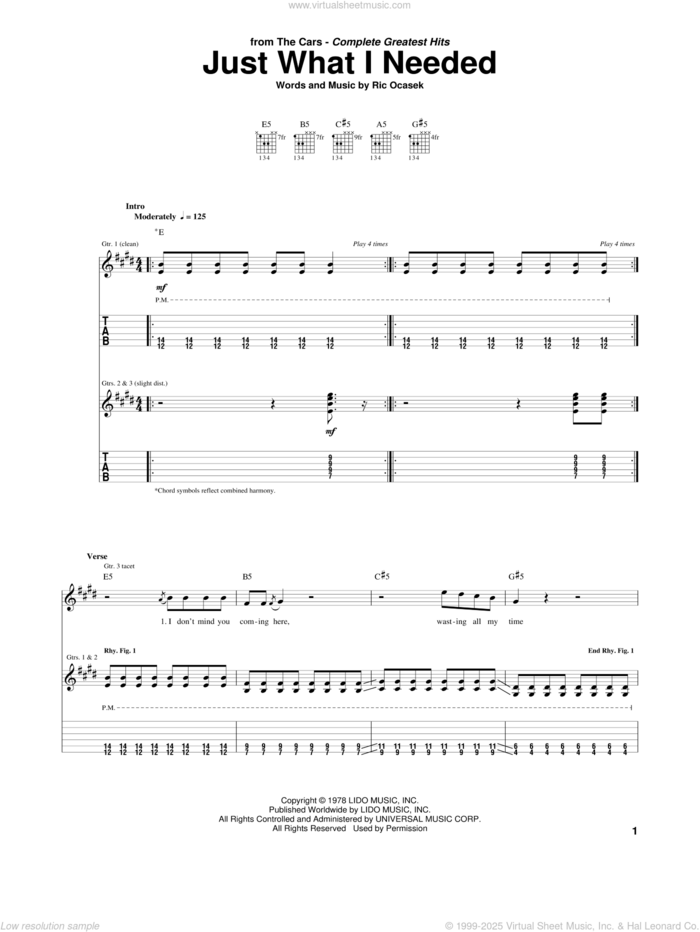 Just What I Needed sheet music for guitar (tablature) by The Cars and Ric Ocasek, intermediate skill level