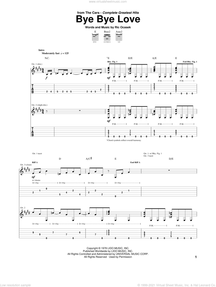 Bye Bye Love sheet music for guitar (tablature) by The Cars and Ric Ocasek, intermediate skill level
