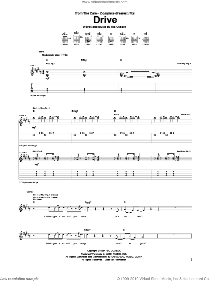 Drive sheet music for guitar (tablature) by The Cars and Ric Ocasek, intermediate skill level
