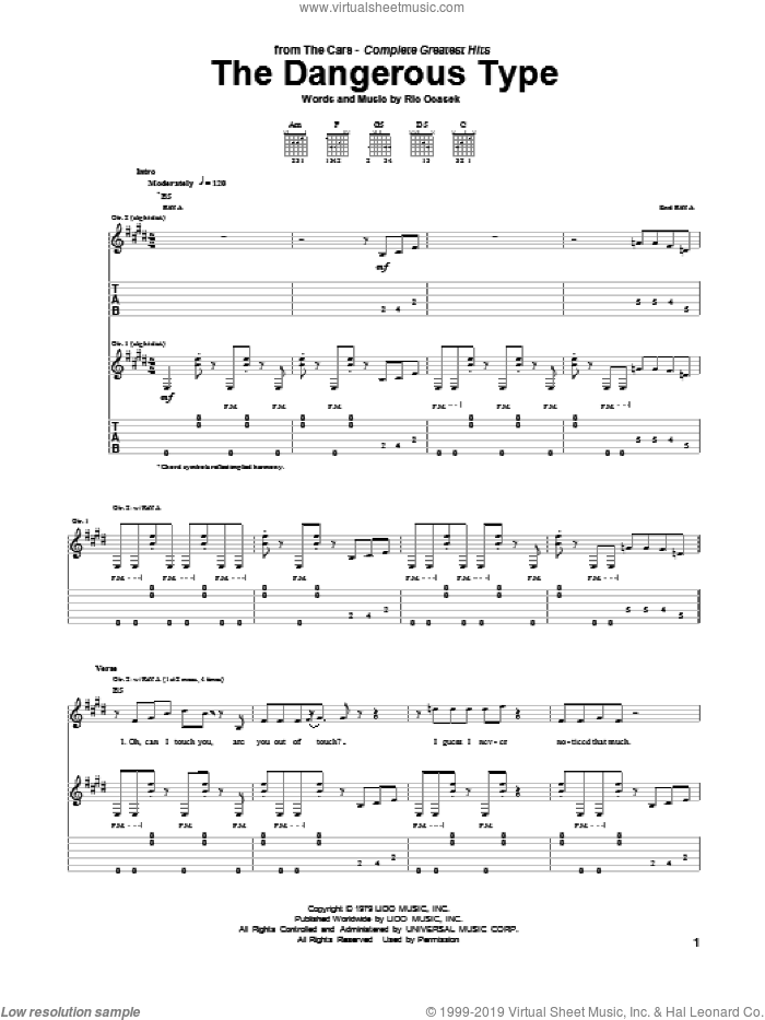 The Dangerous Type sheet music for guitar (tablature) by The Cars and Ric Ocasek, intermediate skill level
