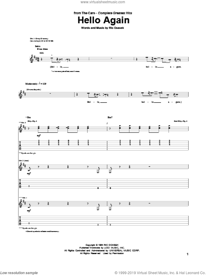 Hello Again sheet music for guitar (tablature) by The Cars and Ric Ocasek, intermediate skill level