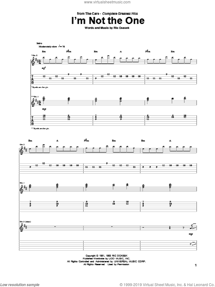 I'm Not The One sheet music for guitar (tablature) by The Cars and Ric Ocasek, intermediate skill level