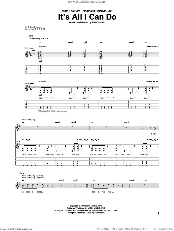 It's All I Can Do sheet music for guitar (tablature) by The Cars and Ric Ocasek, intermediate skill level