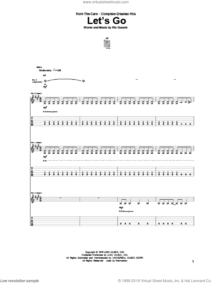 Let's Go sheet music for guitar (tablature) by The Cars and Ric Ocasek, intermediate skill level