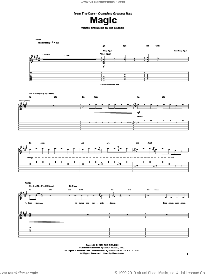 Magic sheet music for guitar (tablature) by The Cars and Ric Ocasek, intermediate skill level