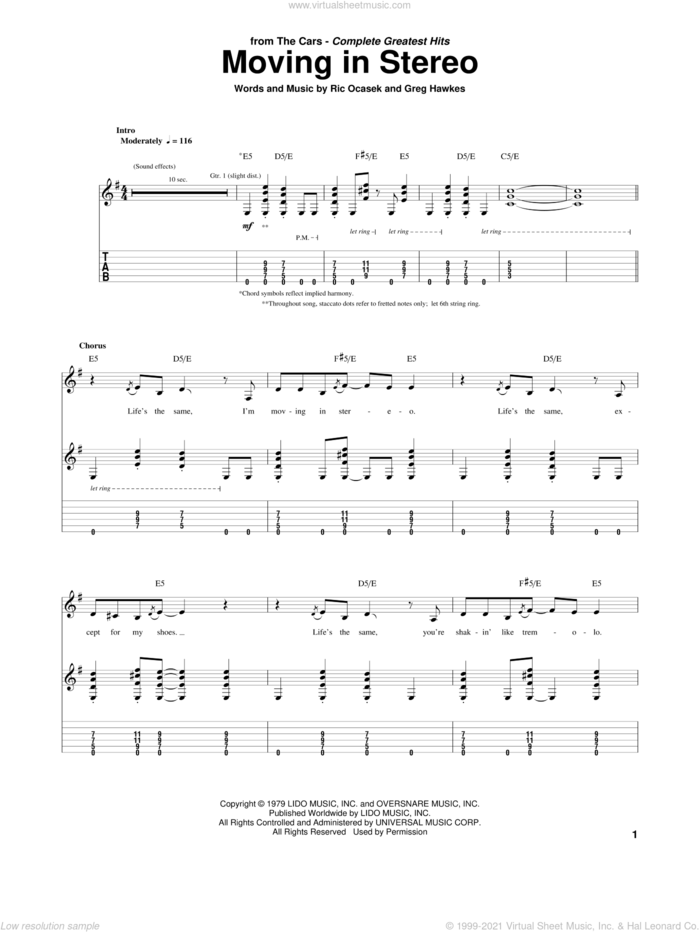 Moving In Stereo sheet music for guitar (tablature) by The Cars, Greg Hawkes and Ric Ocasek, intermediate skill level