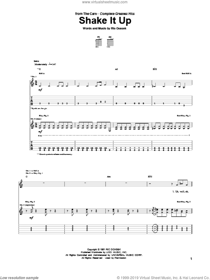 Shake It Up sheet music for guitar (tablature) by The Cars and Ric Ocasek, intermediate skill level