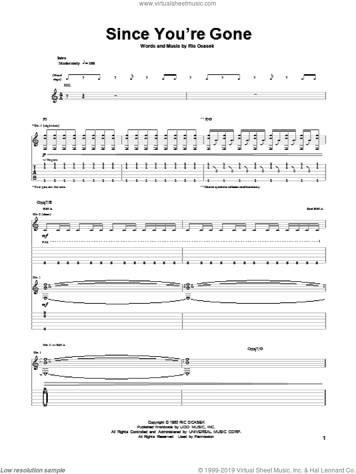 Since You're Gone sheet music for guitar (tablature) by The Cars and Ric Ocasek, intermediate skill level