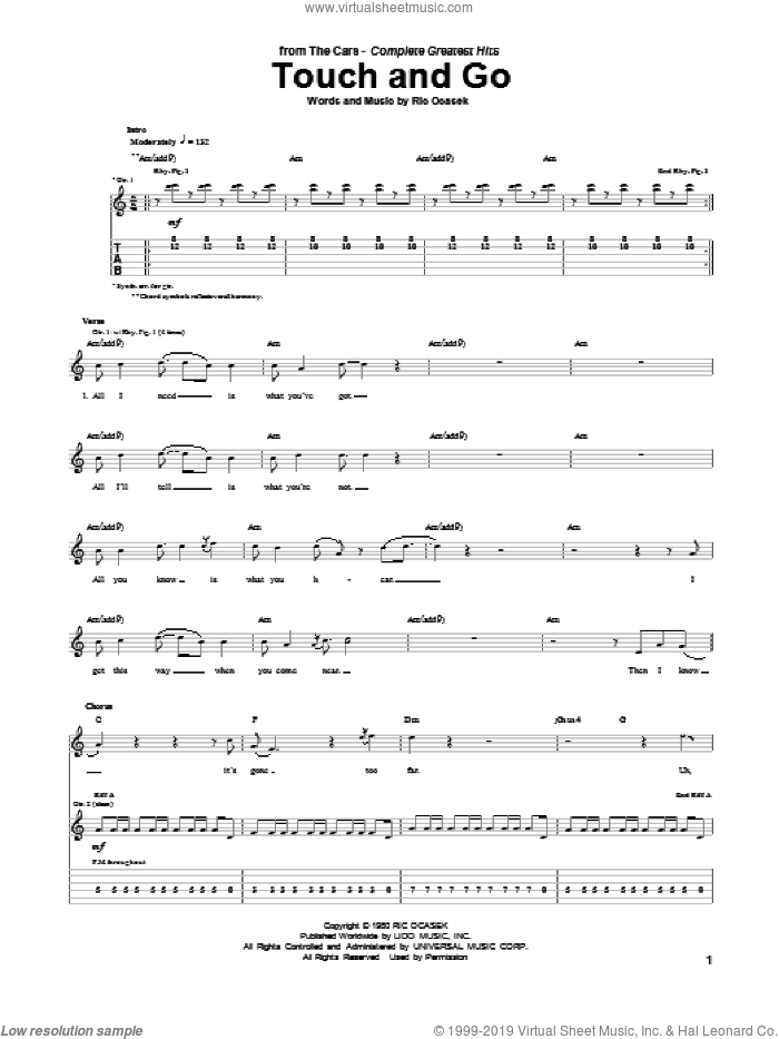 Touch And Go sheet music for guitar (tablature) by The Cars and Ric Ocasek, intermediate skill level