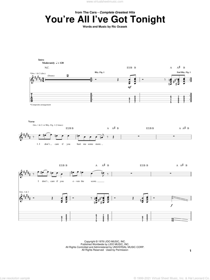 You're All I've Got Tonight sheet music for guitar (tablature) by The Cars and Ric Ocasek, intermediate skill level