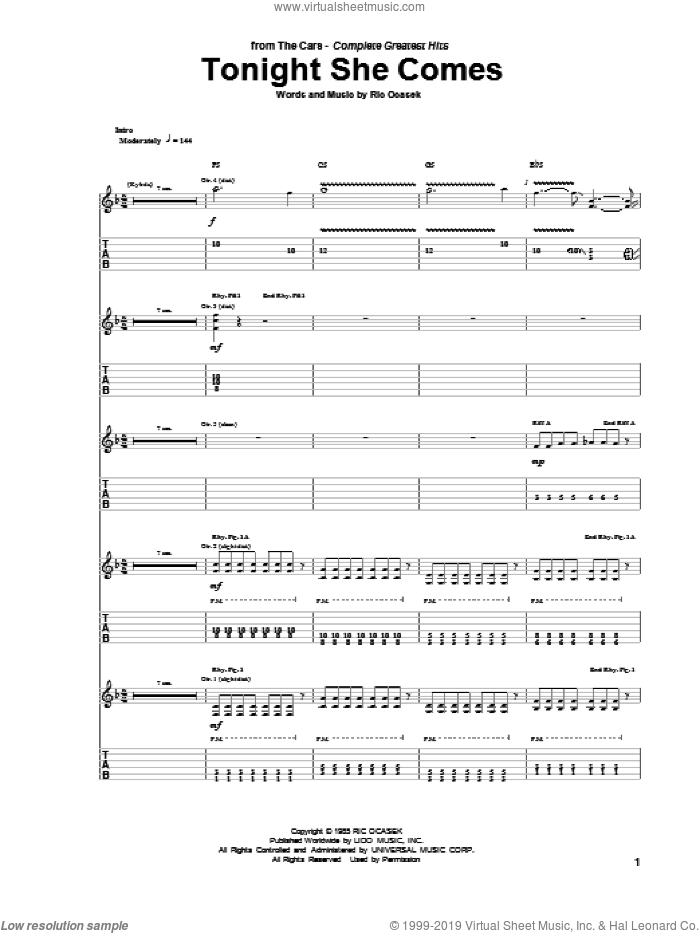 Tonight She Comes sheet music for guitar (tablature) by The Cars and Ric Ocasek, intermediate skill level
