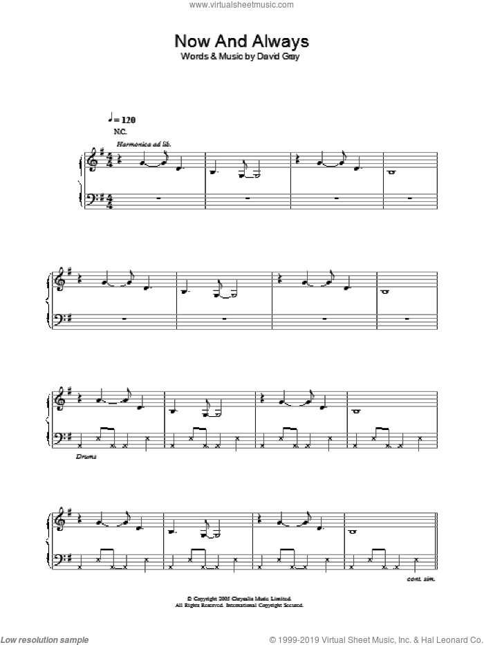 Now And Always sheet music for voice, piano or guitar by David Gray, intermediate skill level
