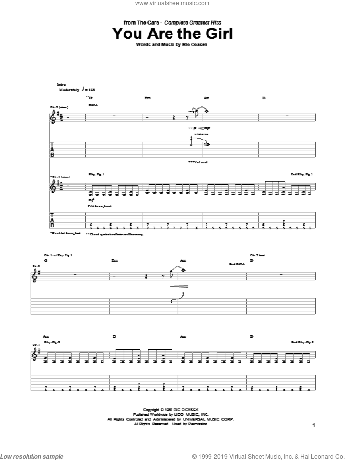 You Are The Girl sheet music for guitar (tablature) by The Cars and Ric Ocasek, intermediate skill level