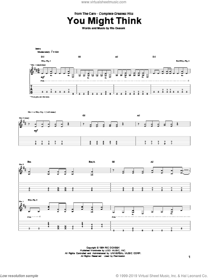 You Might Think sheet music for guitar (tablature) by The Cars and Ric Ocasek, intermediate skill level