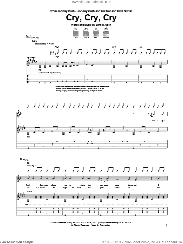 Cry, Cry, Cry sheet music for guitar (tablature) by Johnny Cash, intermediate skill level