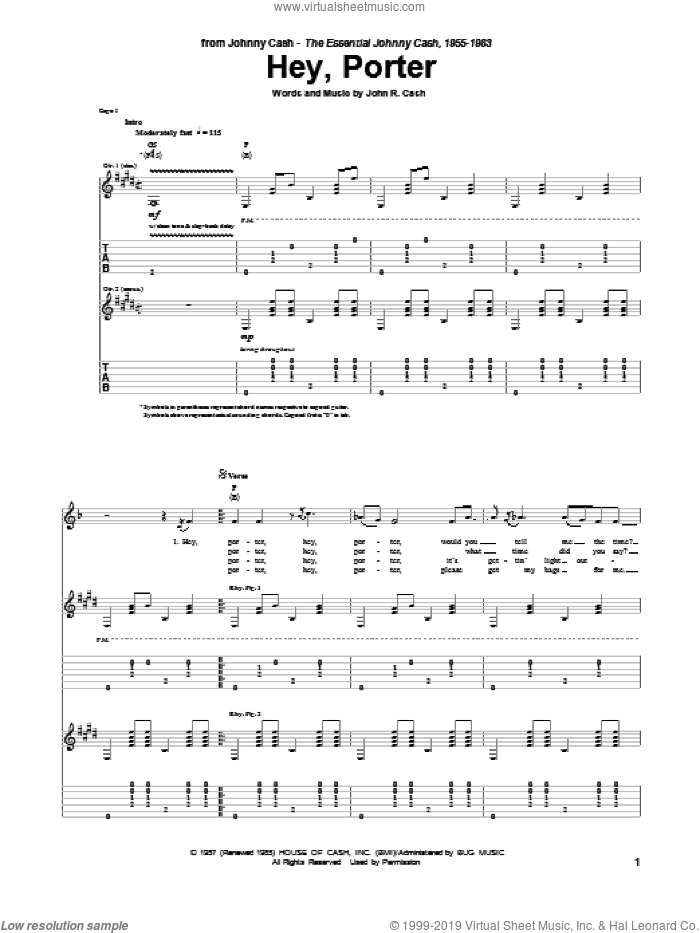 Hey, Porter sheet music for guitar (tablature) by Johnny Cash, intermediate skill level