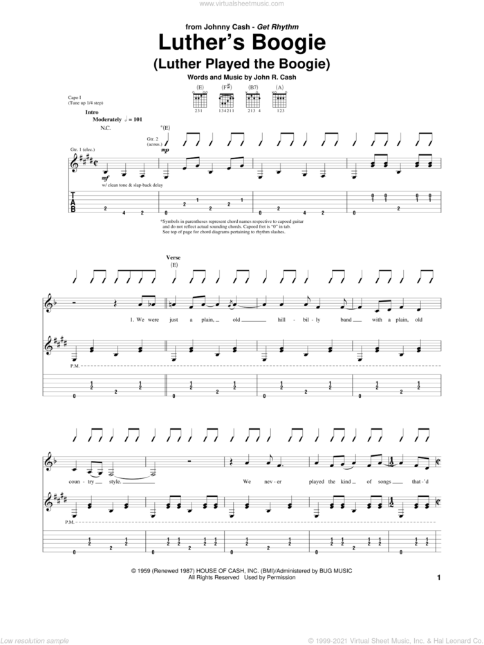 Luther's Boogie (Luther Played The Boogie) sheet music for guitar (tablature) by Johnny Cash, intermediate skill level