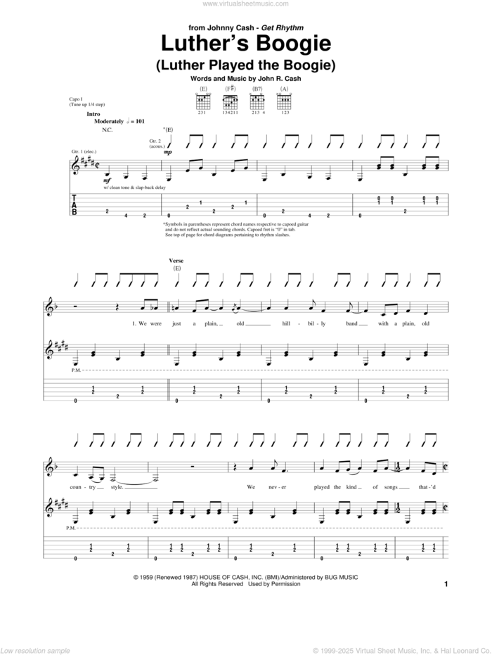 Luther's Boogie (Luther Played The Boogie) sheet music for guitar (tablature) by Johnny Cash, intermediate skill level