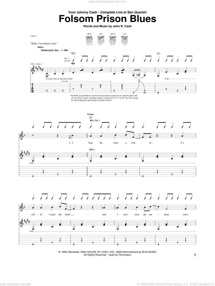 Folsom Prison Blues sheet music for guitar (tablature) by Johnny Cash, intermediate skill level