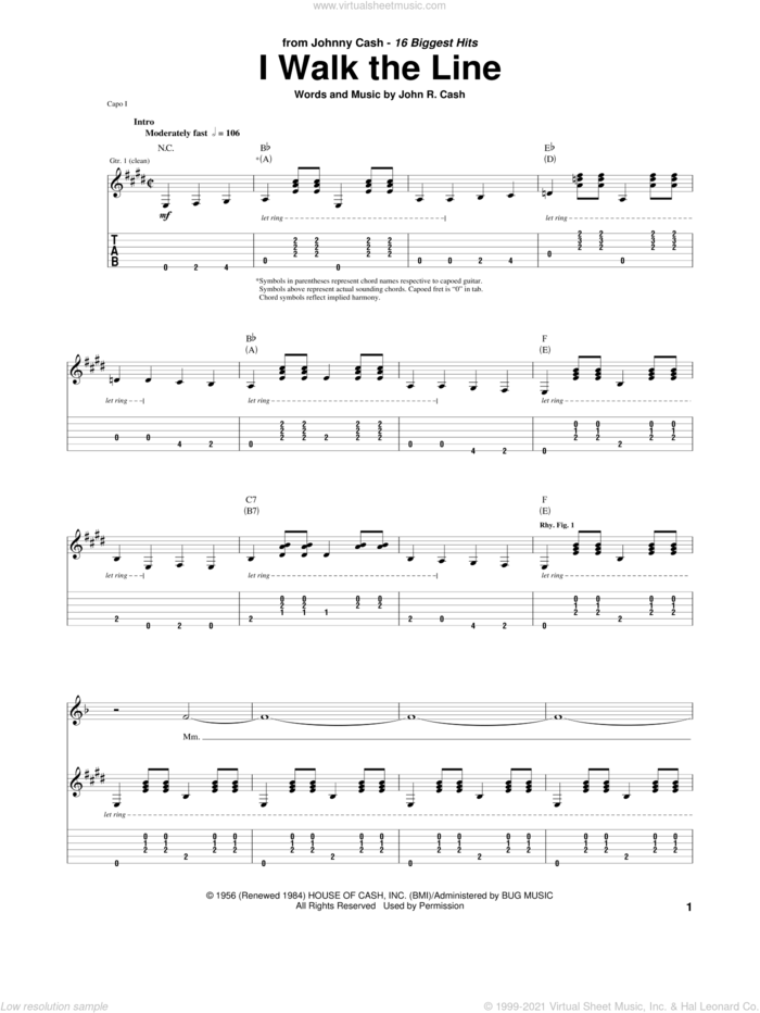 I Walk The Line sheet music for guitar (tablature) by Johnny Cash, intermediate skill level