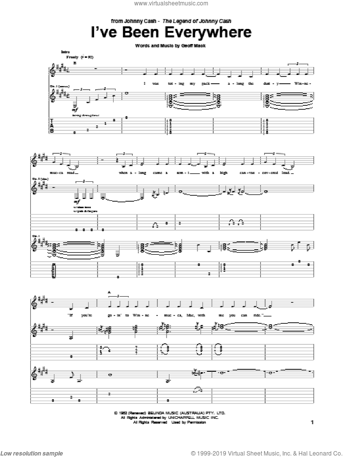 I've Been Everywhere sheet music for guitar (tablature) by Johnny Cash and Geoff Mack, intermediate skill level