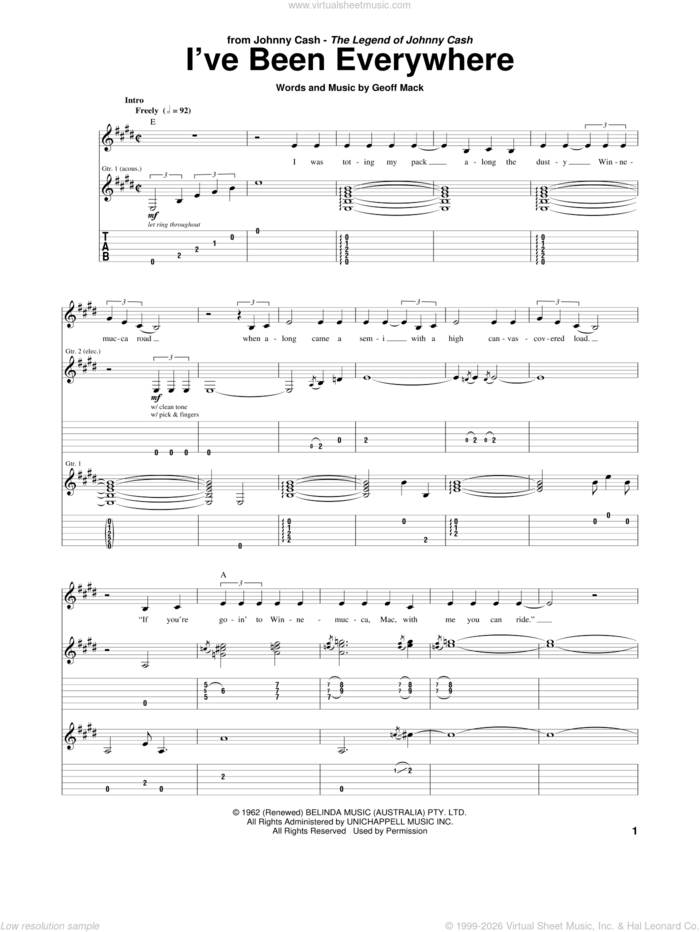 I've Been Everywhere sheet music for guitar (tablature) by Johnny Cash and Geoff Mack, intermediate skill level