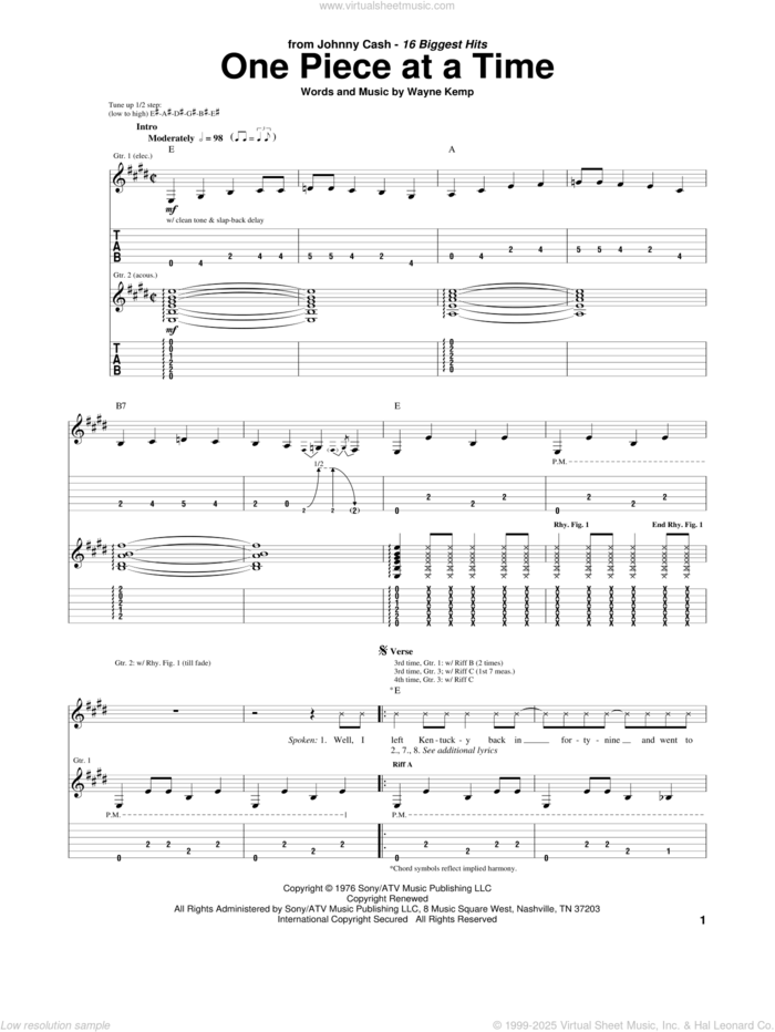 One Piece At A Time sheet music for guitar (tablature) by Johnny Cash and Wayne Kemp, intermediate skill level