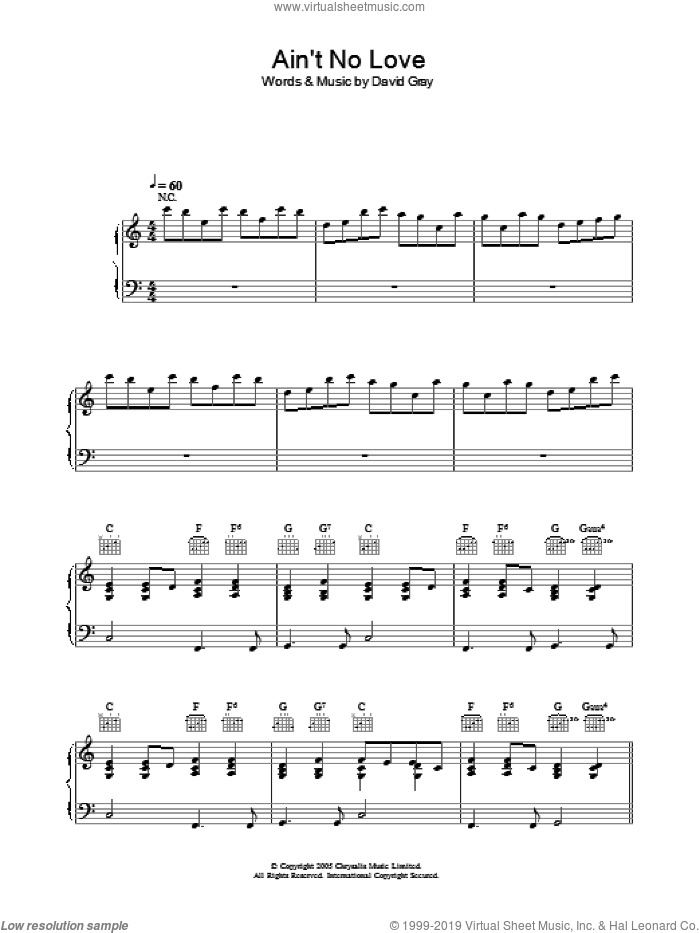Ain't No Love sheet music for voice, piano or guitar by David Gray, intermediate skill level