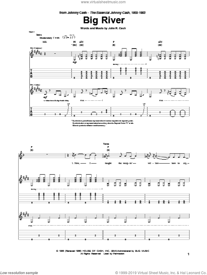 Big River sheet music for guitar (tablature) by Johnny Cash, intermediate skill level