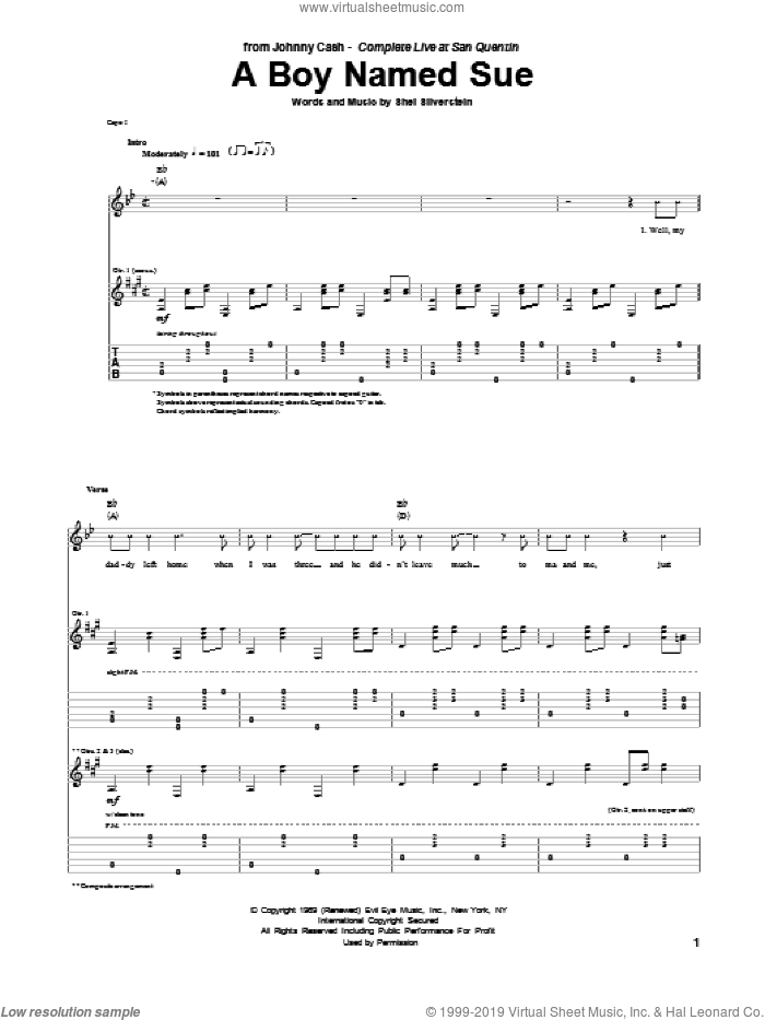 A Boy Named Sue sheet music for guitar (tablature) by Johnny Cash and Shel Silverstein, intermediate skill level