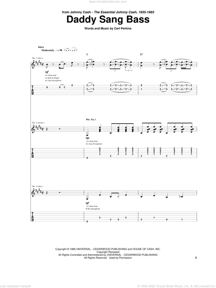 Daddy Sang Bass sheet music for guitar (tablature) by Johnny Cash and Carl Perkins, intermediate skill level