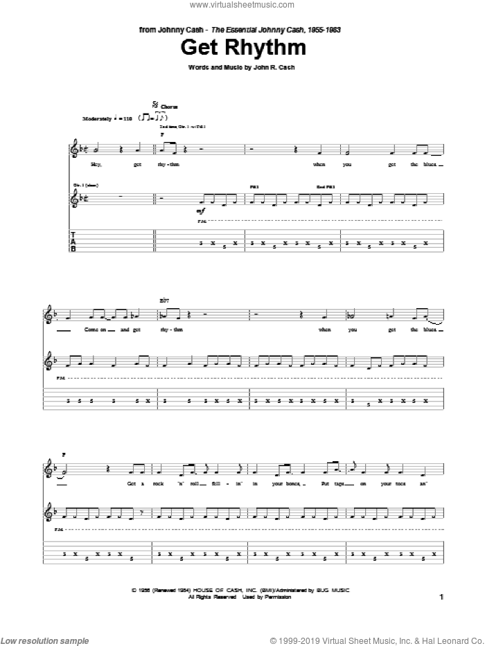 Get Rhythm sheet music for guitar (tablature) by Johnny Cash, intermediate skill level