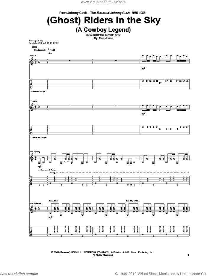 (Ghost) Riders In The Sky (A Cowboy Legend) sheet music for guitar (tablature) by Johnny Cash and Stan Jones, intermediate skill level