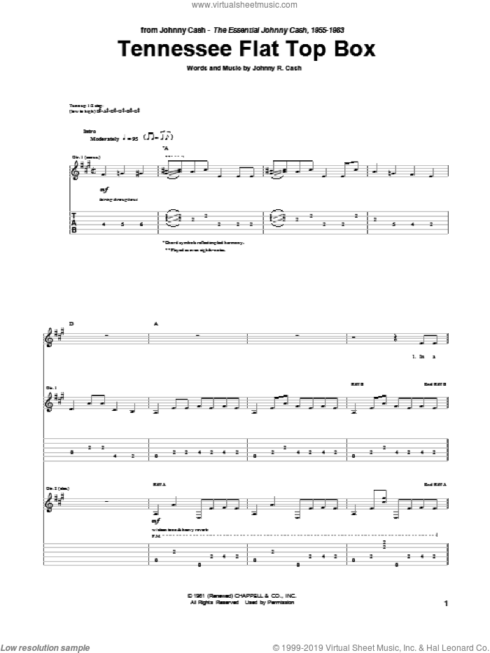 Tennessee Flat Top Box sheet music for guitar (tablature) by Johnny Cash, intermediate skill level