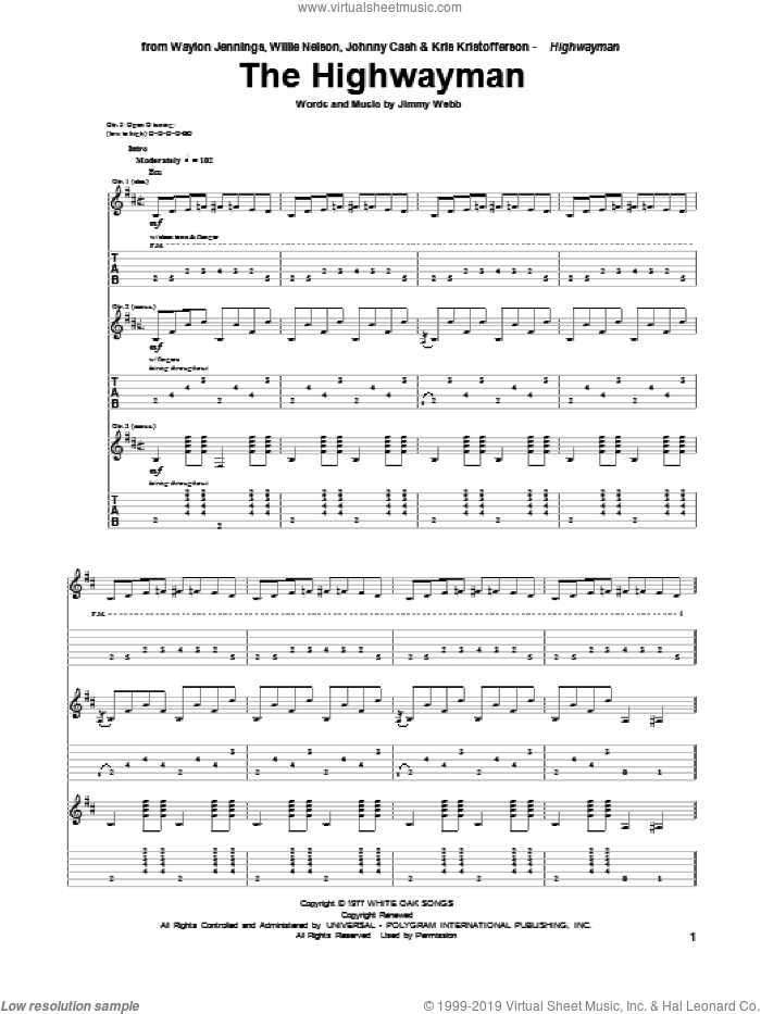 The Highwayman sheet music for guitar (tablature) by Johnny Cash and Jimmy Webb, intermediate skill level