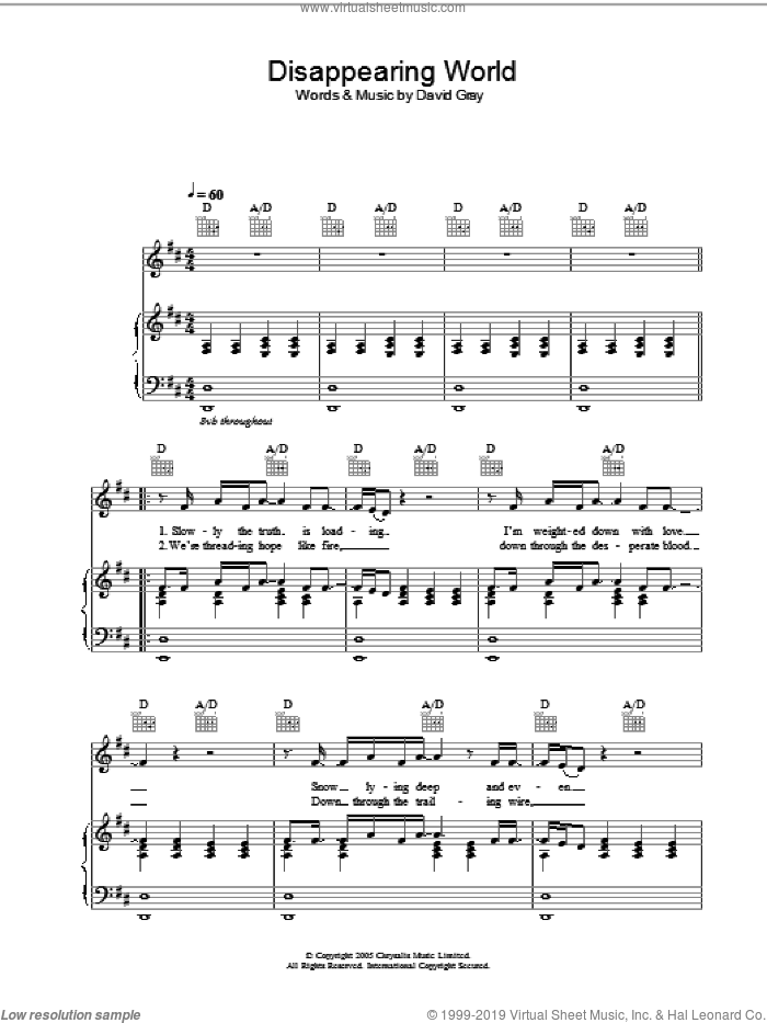 Disappearing World sheet music for voice, piano or guitar by David Gray, intermediate skill level
