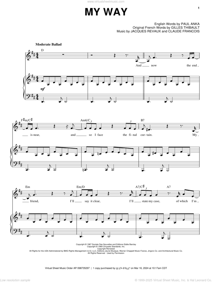 My Way sheet music for voice, piano or guitar by Landau Eugene Murphy, Jr., Claude Francois, Gilles Thibault, Jacques Revaux and Paul Anka, intermediate skill level