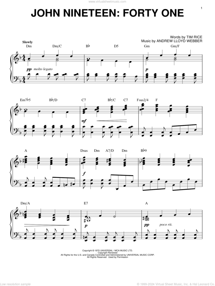 John Nineteen: Forty One sheet music for piano solo by Andrew Lloyd Webber, Jesus Christ Superstar (Musical) and Tim Rice, intermediate skill level