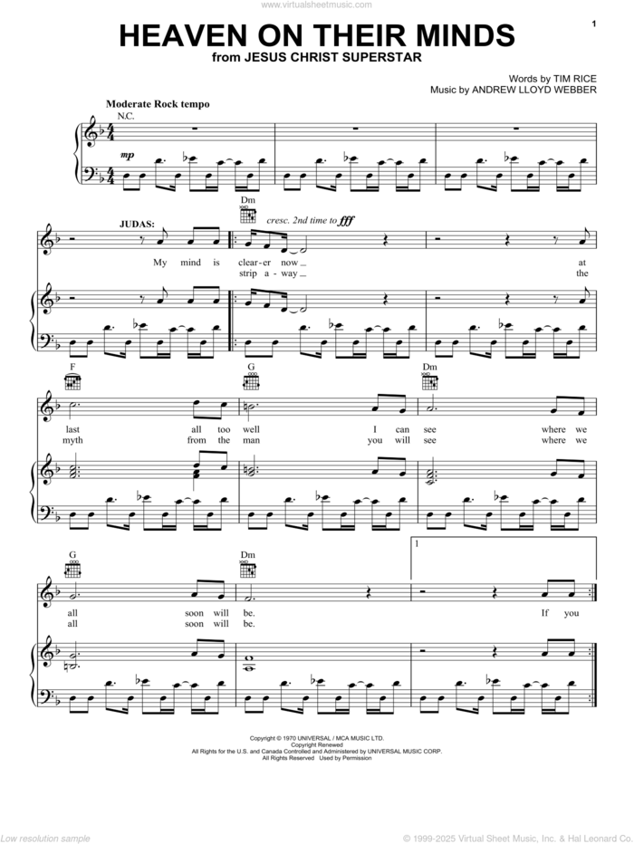 Heaven On Their Minds sheet music for voice, piano or guitar by Andrew Lloyd Webber, Jesus Christ Superstar (Musical) and Tim Rice, intermediate skill level