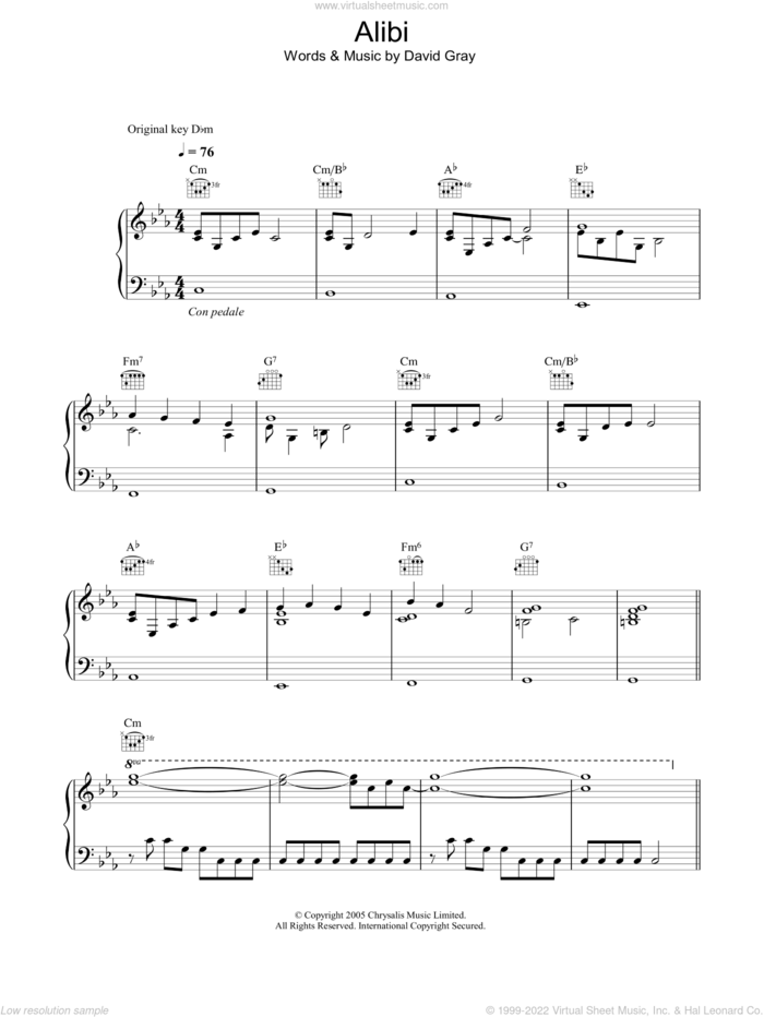 Alibi sheet music for voice, piano or guitar by David Gray, intermediate skill level