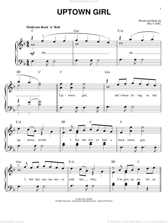Uptown Girl, (easy) sheet music for piano solo by Glee Cast, Miscellaneous and Billy Joel, easy skill level