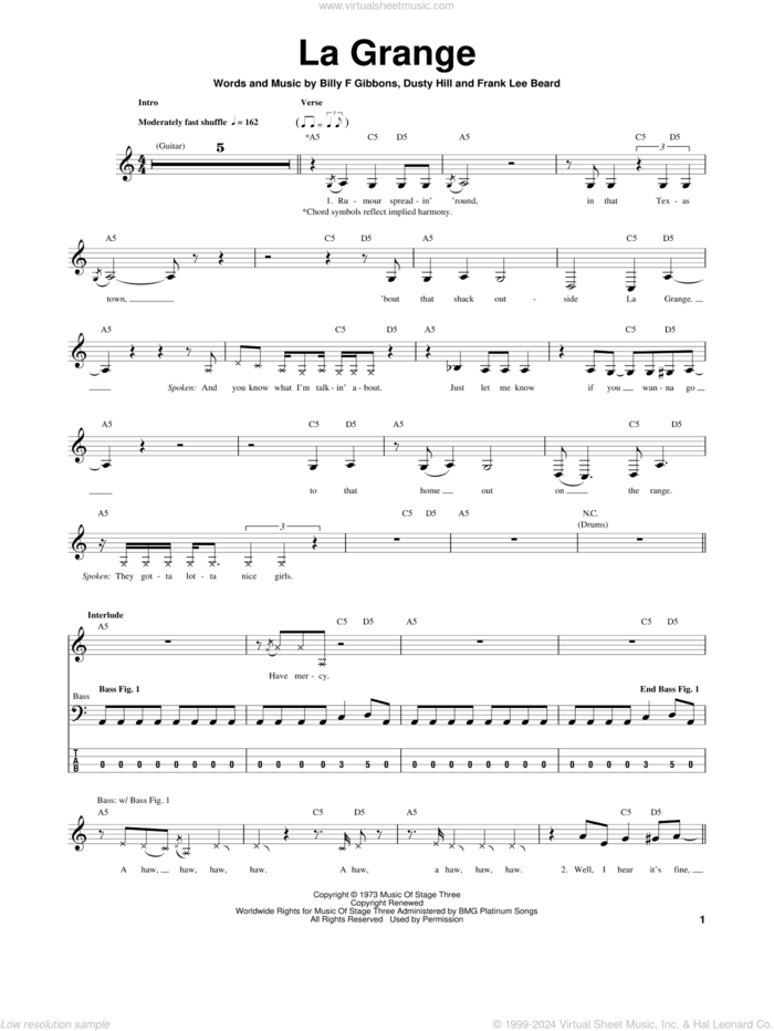 La Grange sheet music for bass (tablature) (bass guitar) by ZZ Top, Billy Gibbons, Dusty Hill and Frank Beard, intermediate skill level