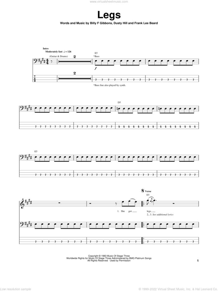 Legs sheet music for bass (tablature) (bass guitar) by ZZ Top, Billy Gibbons, Dusty Hill and Frank Beard, intermediate skill level