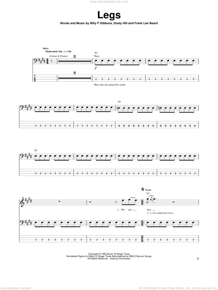 Legs sheet music for bass (tablature) (bass guitar) by ZZ Top, Billy Gibbons, Dusty Hill and Frank Beard, intermediate skill level