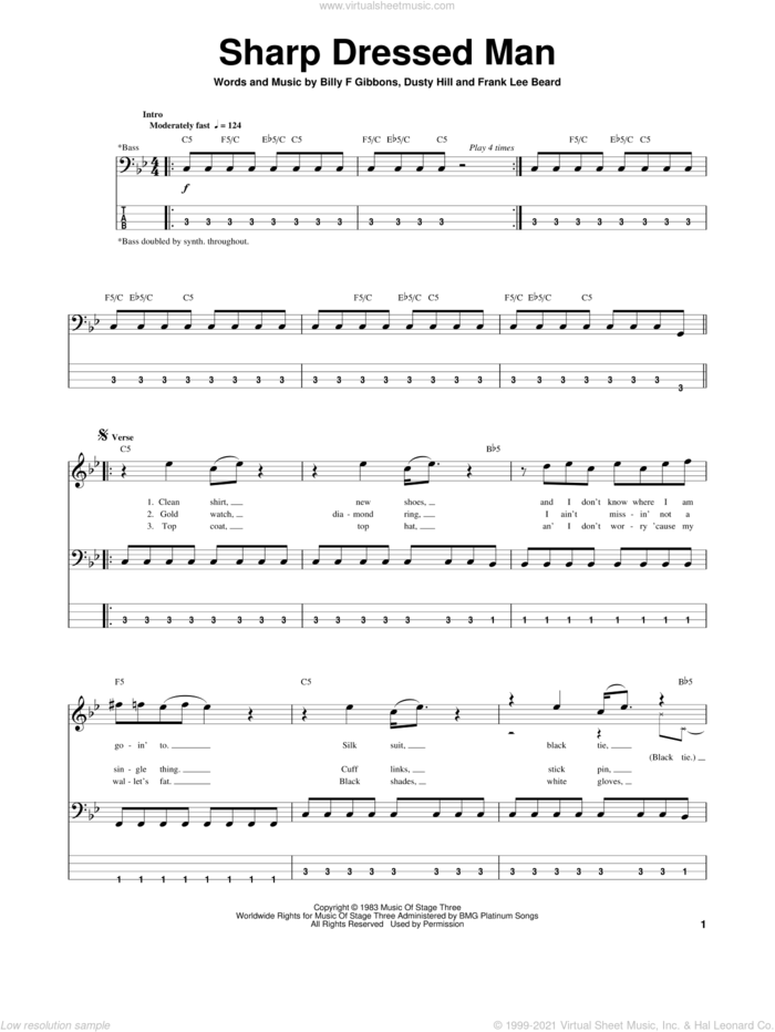 Sharp Dressed Man sheet music for bass (tablature) (bass guitar) by ZZ Top, Billy Gibbons, Dusty Hill and Frank Beard, intermediate skill level