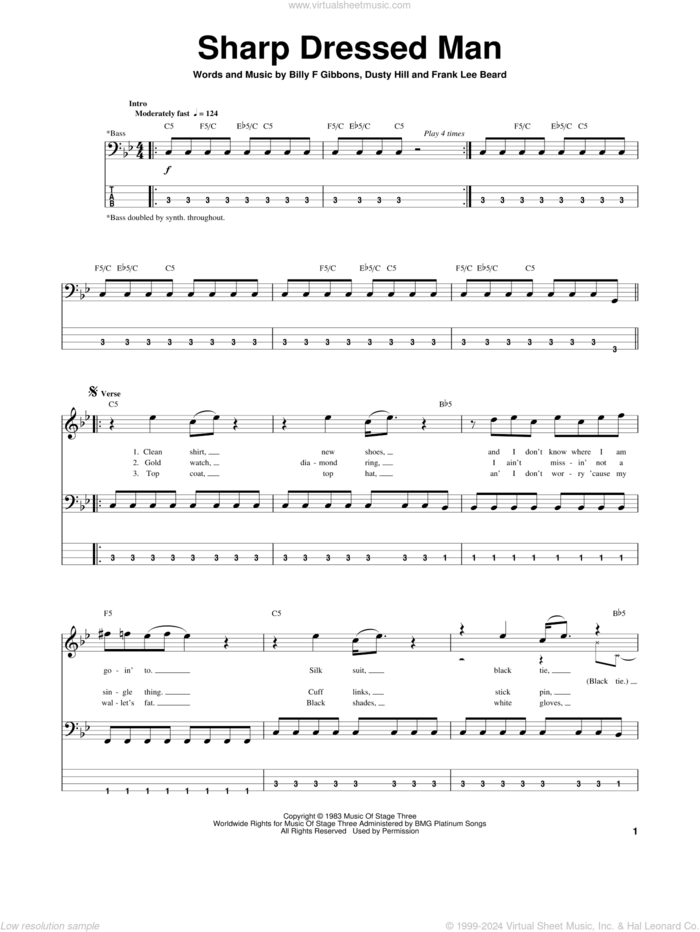 Sharp Dressed Man sheet music for bass (tablature) (bass guitar) by ZZ Top, Billy Gibbons, Dusty Hill and Frank Beard, intermediate skill level